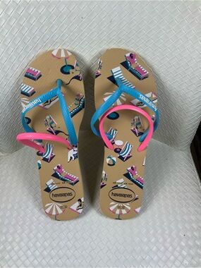 Havaianas Women's Tan Flip Flops with Blue & Pink Straps